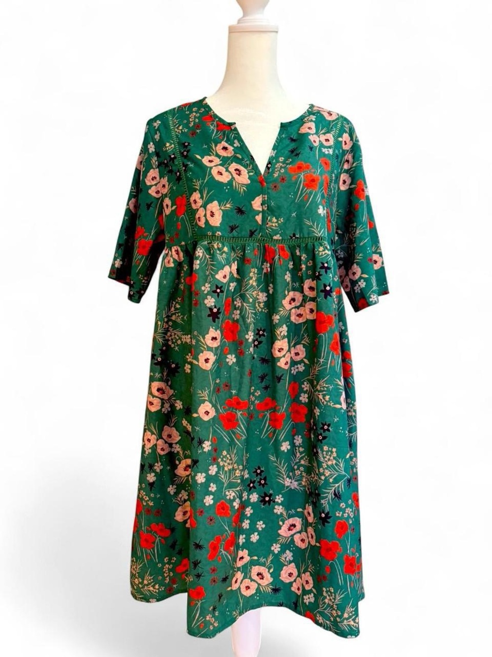 Green Floral Midi Dress with Pink & Red Blooms